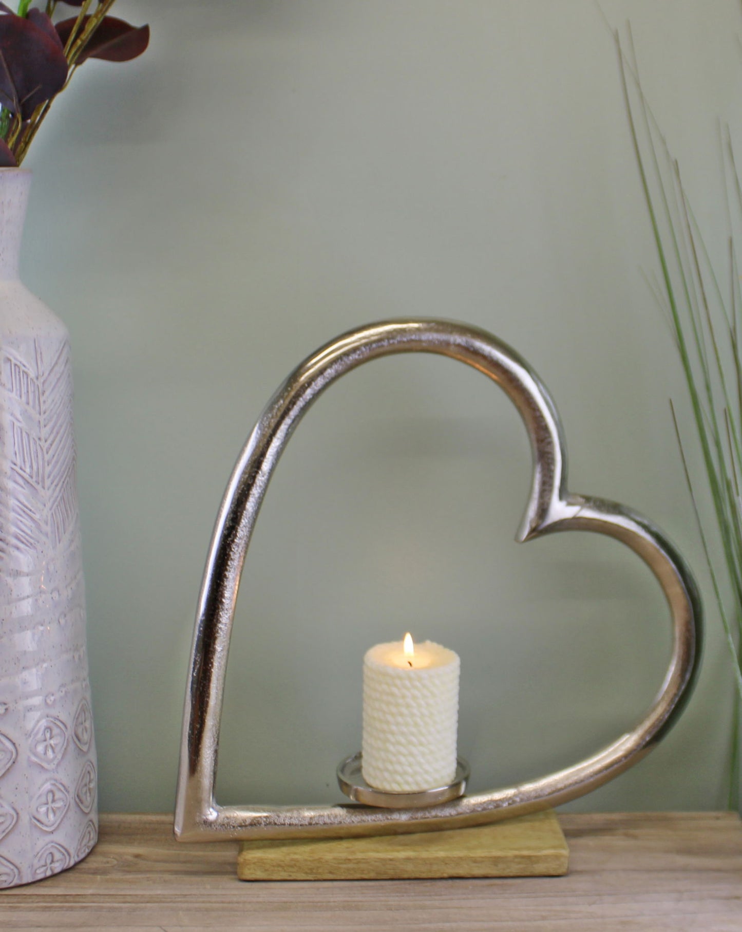 Large Metal Heart Candle Holder With Wooden Base