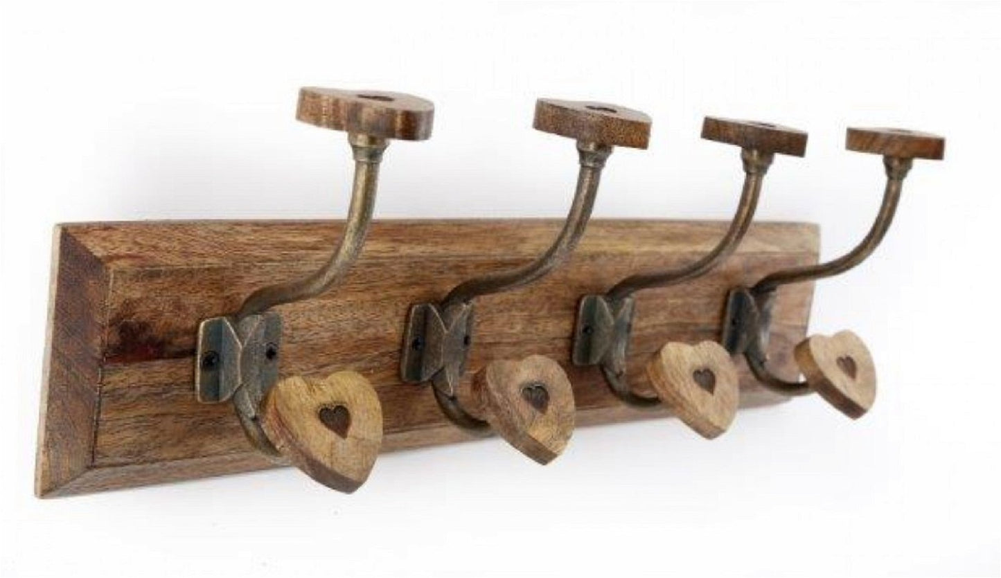 Mango Wood Heart 4 Double Coat Hooks