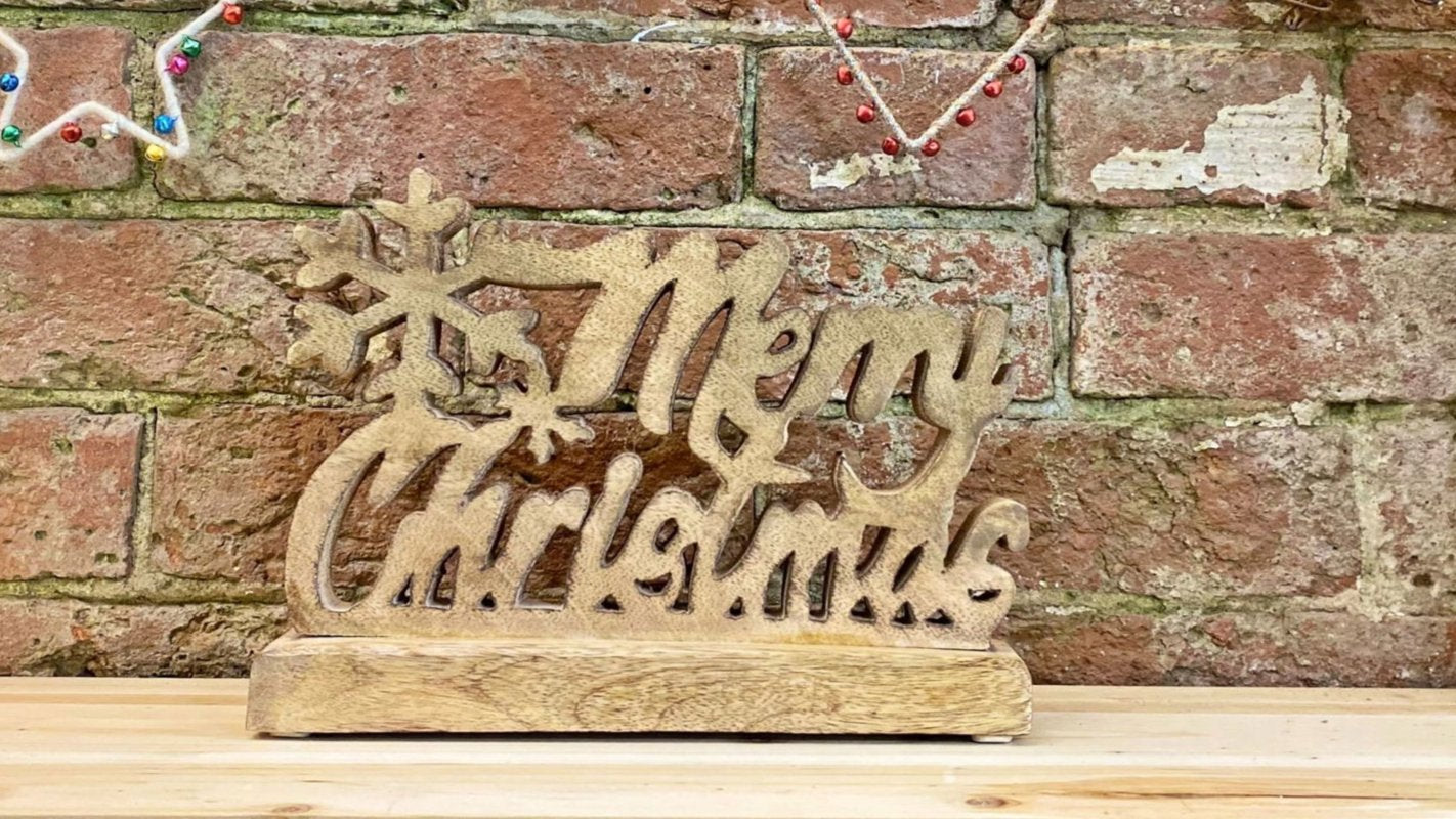 Wood Carved Merry Christmas Script On Base