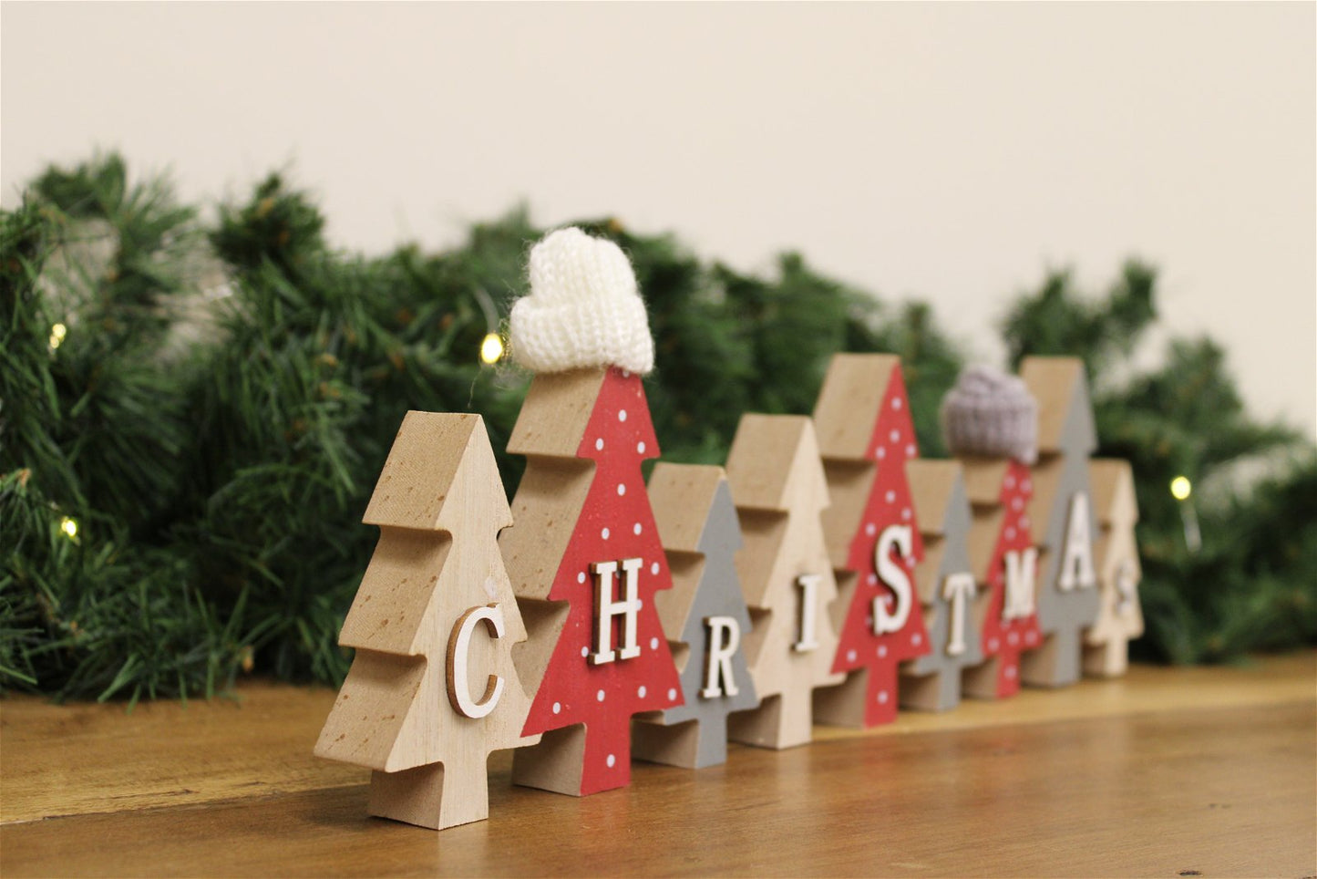 Row of Christmas Trees with Hats Decoration Red