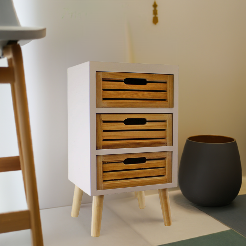 3 Drawer Unit In White With Natural Wooden Drawers With Removable Legs