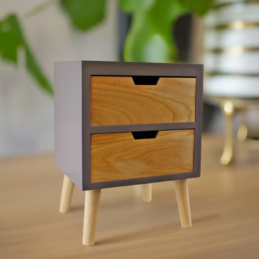 2 Drawer Chest In Grey Finish With Natural Drawers & Removable Legs